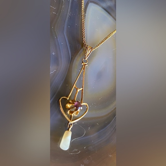 Antique Victorian Edwardian 10K Yellow Gold Lavaliere & Chain Gem Pearl Stamped - Picture 3 of 16